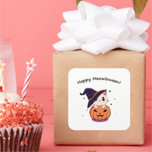 Adorable Kawaii Witch Cat in Halloween Pumpkin Square Sticker