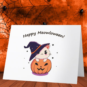 Adorable Kawaii Witch Cat in Halloween Pumpkin Thank You Card