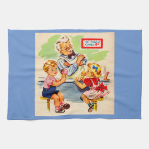 adorable kids at the soda fountain kitchen towel