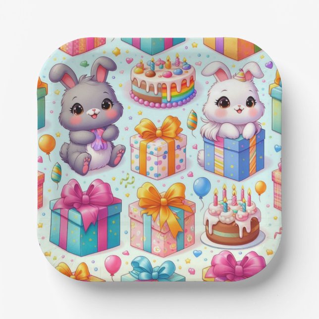 Adorable Kids Bunny Birthday Party Plates (Front)