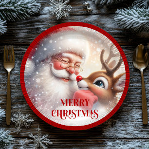 Adorable Kids Santa and Rudolph Holiday Plates
