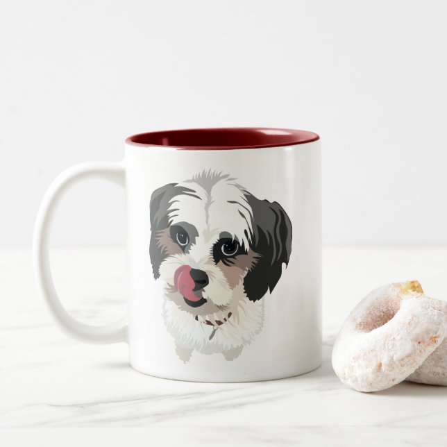 Adorable Kissing Bichon-Shitzu Dog Two-Tone Coffee Mug (With Donut)
