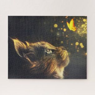 Adorable Kitten and Butterfly at Night Jigsaw Puzzle