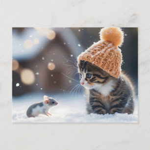 Adorable kitten and mouse in the snow together postcard