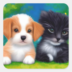 Adorable Kitten And Puppy Sitting In Garden Square Sticker