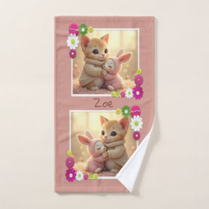 Adorable kitten and tiny baby bunny, personalized hand towel