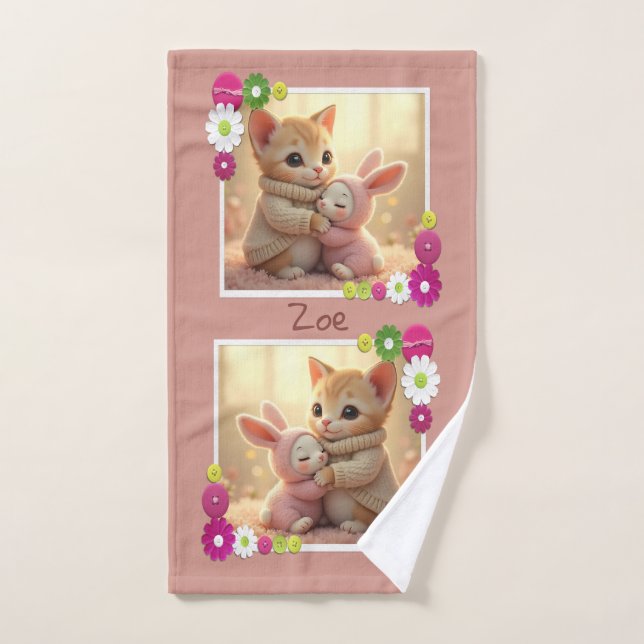 Adorable kitten and tiny baby bunny, personalized  hand towel (Hand Towel)
