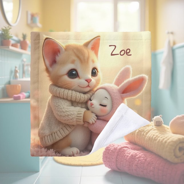 Adorable kitten and tiny baby bunny, personalized  wash cloth (Creator Uploaded)