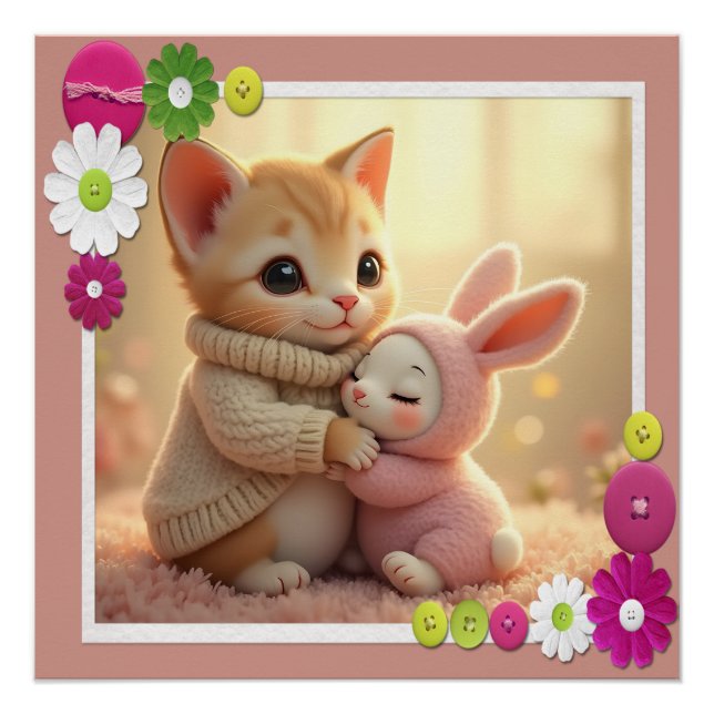 Adorable kitten and tiny baby bunny,  poster (Front)
