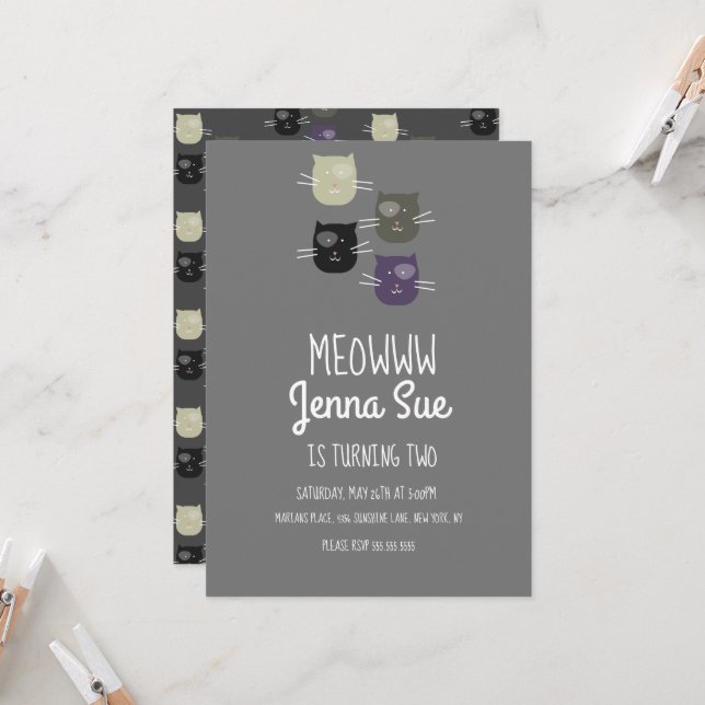 Adorable Kitten Birthday Party Grey Cat Invitation (Front/Back In Situ)