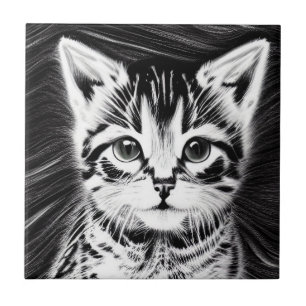 Adorable kitten black and white stripes tile