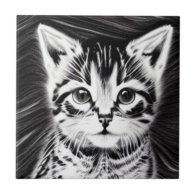 Adorable kitten black and white stripes tile (Front)