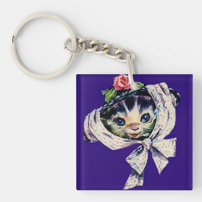 adorable kitten cat in a kitten cat hat keychain (Front)