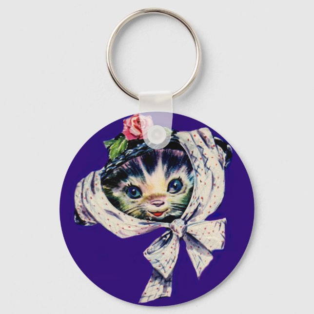 adorable kitten cat in a kitten cat hat keychain (Front)