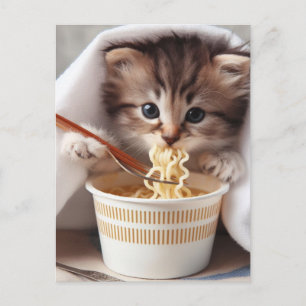 Adorable Kitten Eating Ramen Noodles Postcard