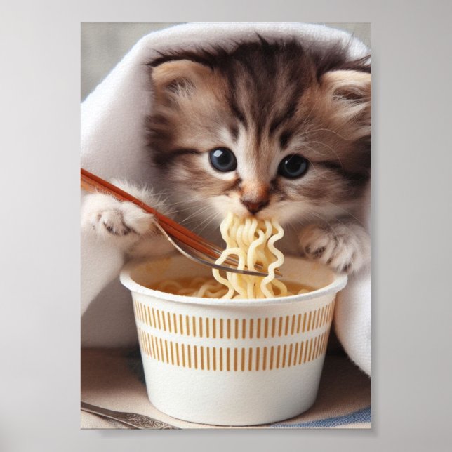 Adorable  Kitten Eating Ramen Noodles Poster (Front)