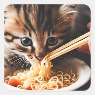 Adorable Kitten Eating Ramen Noodles Square Sticker