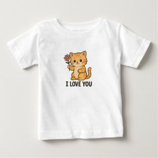 Adorable Kitten Holding Flower – I LOVE YOU Cute Baby T-Shirt