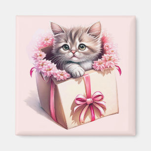 Adorable Kitten in a Box Birthday Gift Magnet