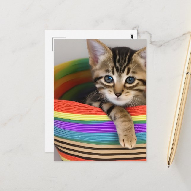 Adorable Kitten in a Colourful Basket Postcard (Front/Back In Situ)