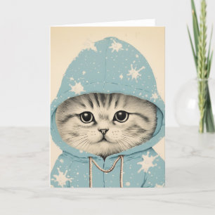 Adorable Kitten in a Pastel Blue Hoodie Card