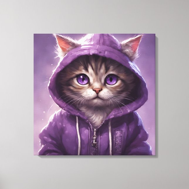 Adorable Kitten in a Purple Hoodie Canvas Print (Front)