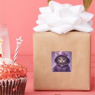 Adorable Kitten in a Purple Hoodie Square Sticker