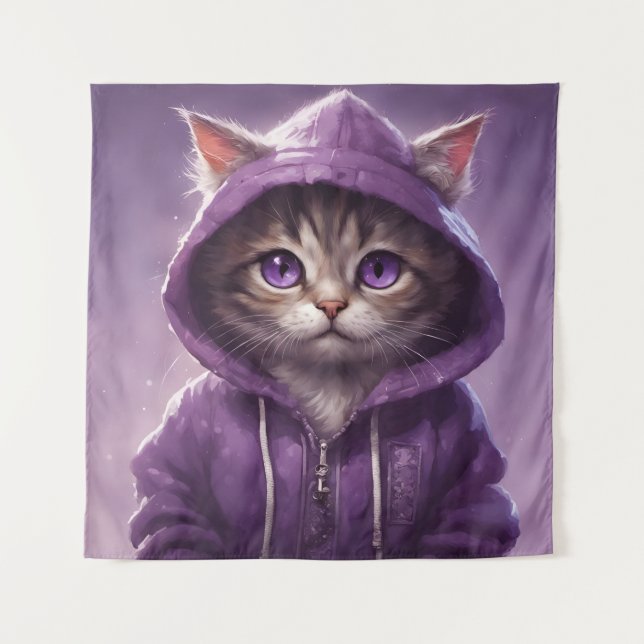 Adorable Kitten in a Purple Hoodie Tapestry (Front)