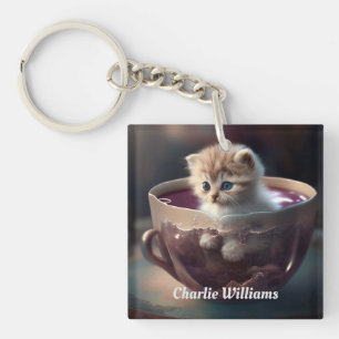 Adorable Kitten in a teacup Personalized  Keychain