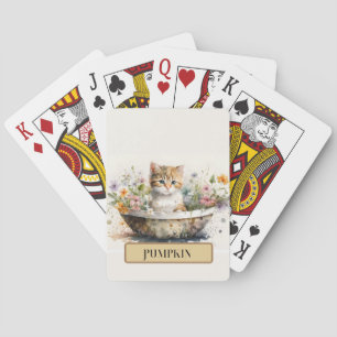 Adorable Kitten in Bowl with Flowers, Personalize Playing Cards