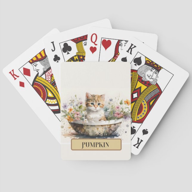 Adorable Kitten in Bowl with Flowers, Personalize Playing Cards (Back)