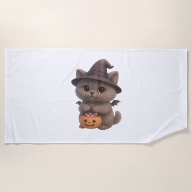 Adorable Kitten in Halloween Witch Costume with Pu Beach Towel (Front)