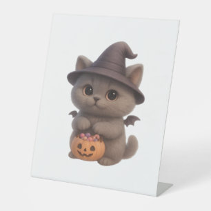 Adorable Kitten in Halloween Witch Costume with Pu Pedestal Sign