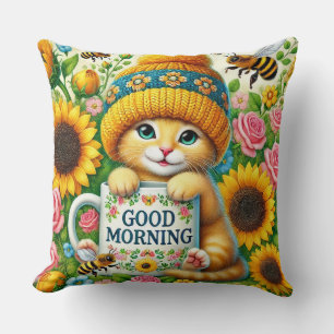 Adorable Kitten in Knit Cap with Sunflowers Throw Pillow