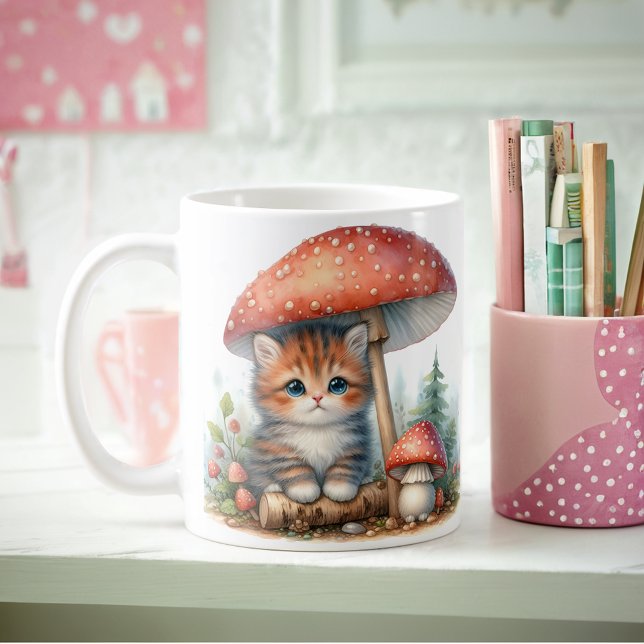 Adorable Kitten Under Mushroom Umbrella Coffee Mug (Creator Uploaded)