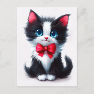 Adorable Kitten with Red Ribbon Holiday Postcard