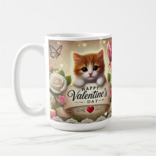 Adorable Kitten with Roses, Candles, and Hearts Coffee Mug