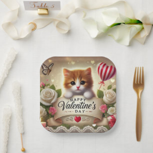 Adorable Kitten with Roses, Candles, and Hearts Paper Plate