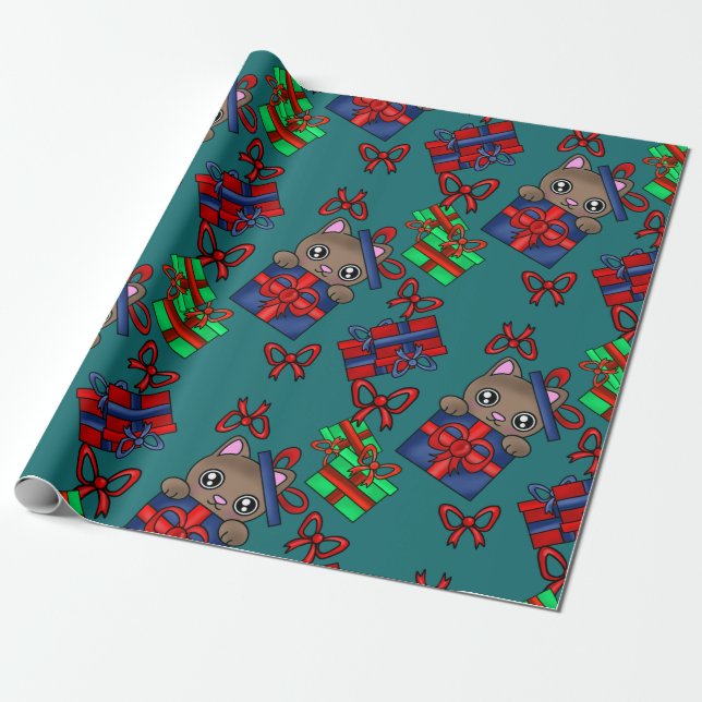 Adorable Kitty Cat in Parcel with Bowtie Presents Wrapping Paper (Unrolled)