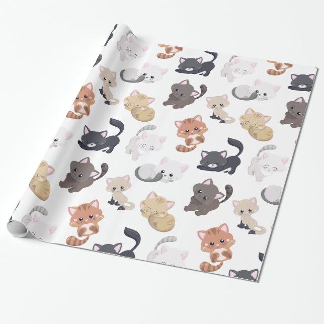 Adorable Kitty Cats Pattern Wrapping Paper (Unrolled)