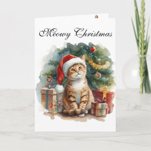 Adorable kitty watercolor Meowy Cristmas Card
