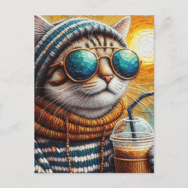 Adorable Kitty With an Iced Coffee Postcard (Front)