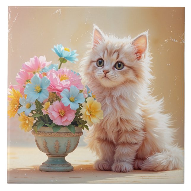Adorable Kitty with Bouquet of Flowers Tile (Front)