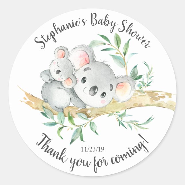 Adorable Koala Bear  Baby Shower Favour Classic Round Sticker (Front)