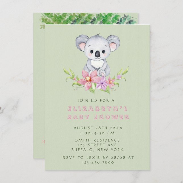 Adorable Koala Bear Girl Baby Shower Invitation (Front/Back)