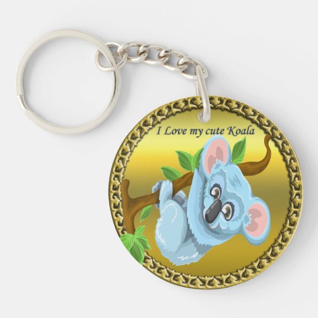 Adorable koala bear hanging on a tree branch keychain (Front)