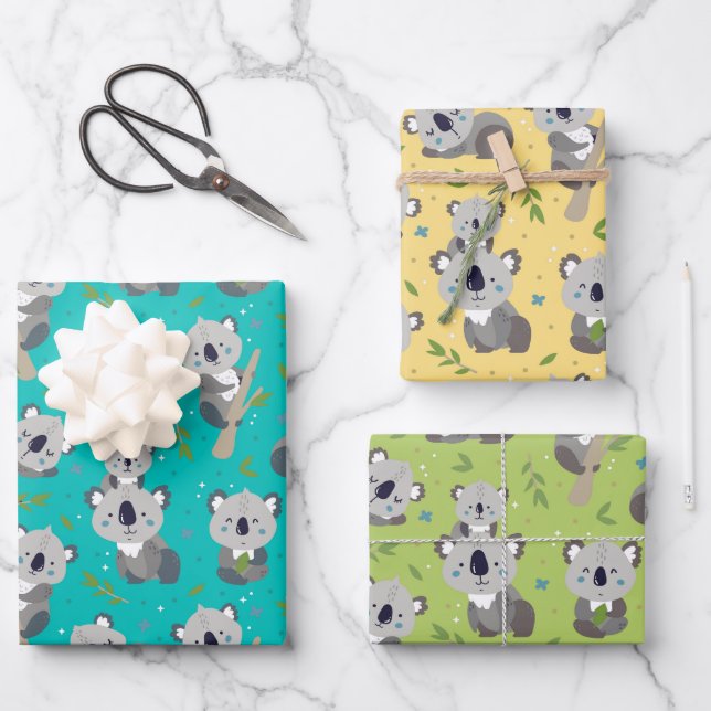 Adorable Koala Bear Wrapping Paper Set of 3 (Front)