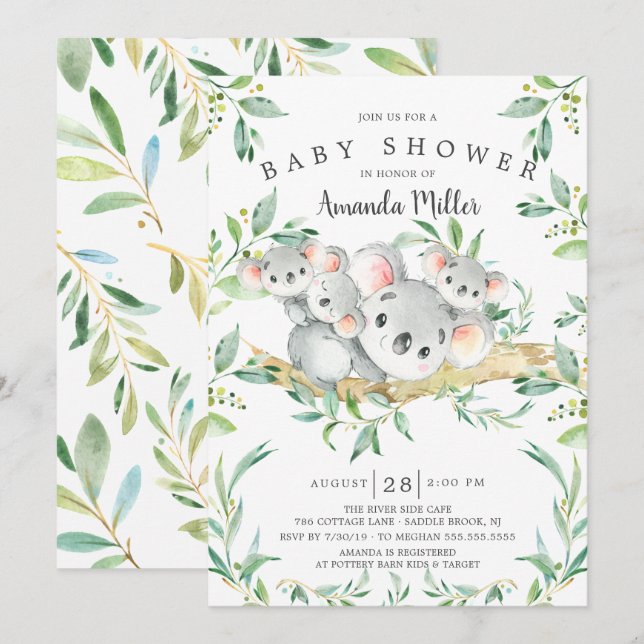 Adorable Koala BearTriplets Baby Shower Invitation (Front/Back)