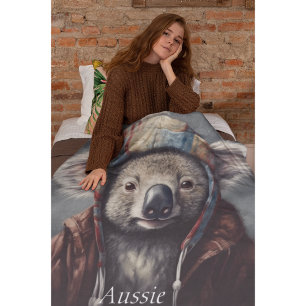 Adorable koala wearing cute hat cusomizable  fleece blanket