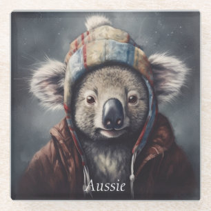 Adorable koala wearing cute hat cusomizable glass coaster